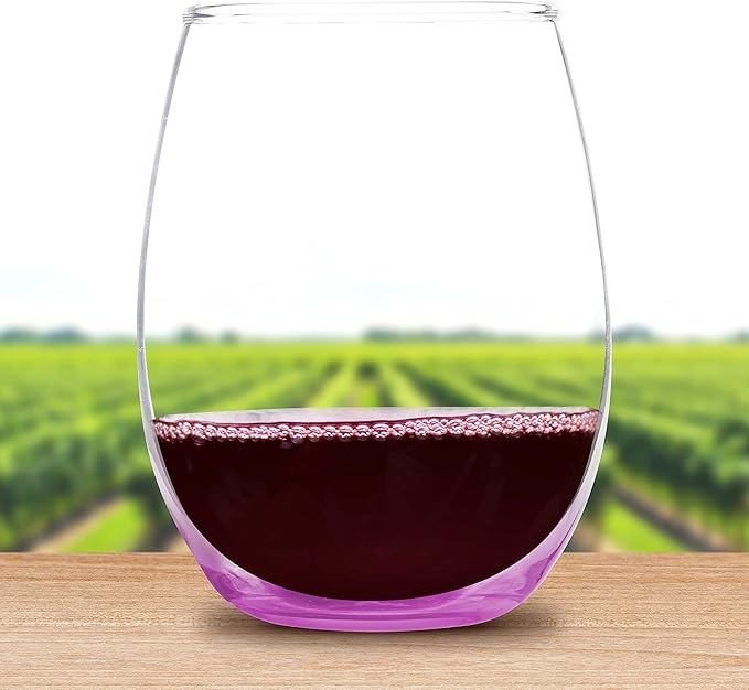 DISCOUNT PROMOS Stemless Wine Glass 9 oz. Set of 10, Bulk Pack - Great for Wedding Favors, Bachelorette Party and More - Pink Bottom Color