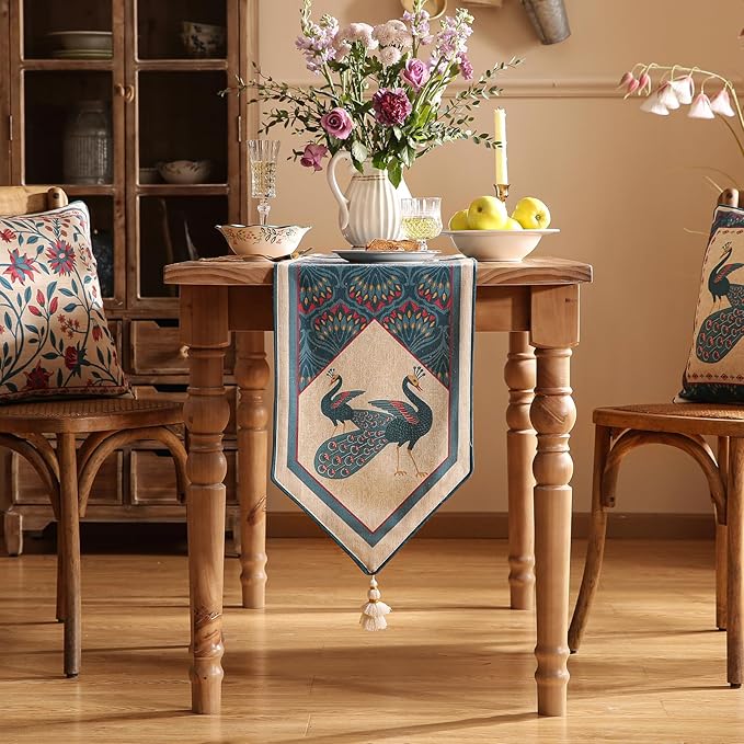 Vintage Blue Peacock Table Runner for Table,Decorative Linen 87 Inches Long Table Runners,Cheesecloth Decor Tabletop for Kitchen,Dining,Tea Party,Home,Christmas,12"*87"