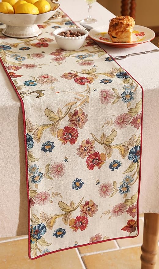 patdrea Designer Farmhouse Linen Thick Table Runner, Rustic Cottage Beige with Floral Pattern Fabric Table Mat, Decoration for Kitchen Dining Coffee Table Banquet Christmas , 12"*71"