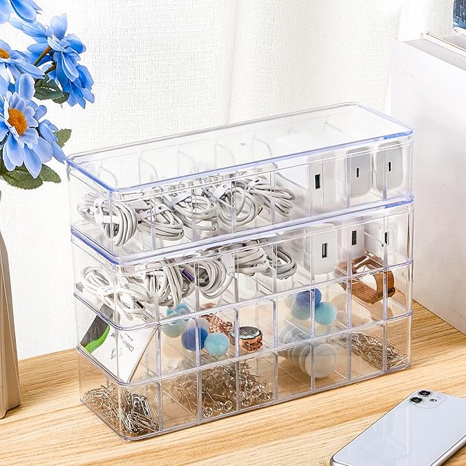 Tatuo 8 Pcs Cable Organizer Box with Wire Ties, Plastic Cord Storage Box with Lid, Electronics Organizer for Home Office Desk Organizers and Accessories (10.79'' X 3.78'' X 1.97'',Clear)