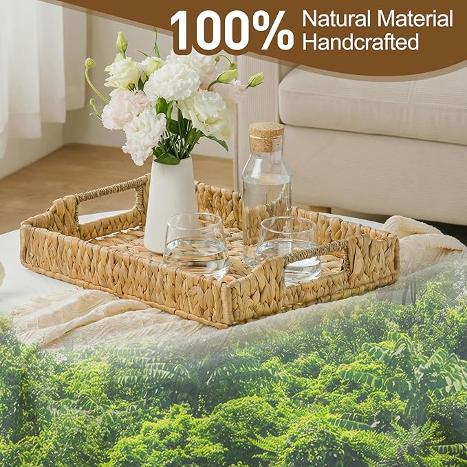 Rectangle Wicker Scalloped Serving Tray with Handles - Seagrass Handwoven Trays,Water Hyacinth Tray for Home Decor and Living Room, Dining Table, Bathroom Organizing, 16.9" L x 12.9" W x 1.96" H