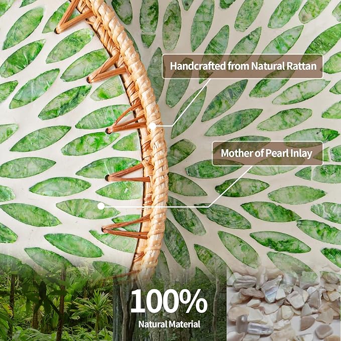 Set of 2 Round Rattan Tray Home Decor with Wood Bead Garland, Wicker Serving Tray with Mother of Pearl Inlay, Boho Decorative Tray for Coffee Table, Display, Ottoman, Kitchen Table (Green)