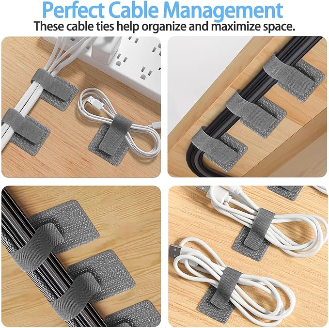 100 Pack Reusable Cable Management Ties, Adjustable Hook and Loop Cord Organizer, Strong Adhesive Wire Clips for Desk and Wall, Cable Holder for Home Office TV Computer, Grey