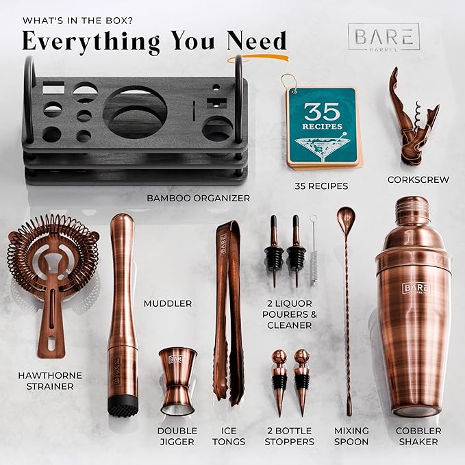BARE BARREL® Mixology Bartender Kit Bar Set | 14-Piece Cocktail Shaker Set | Martini Barware Mixing Tools for Home Bartending | 35 Recipe Cards | Gift Set (24oz Cobbler Shaker, Copper/Black)