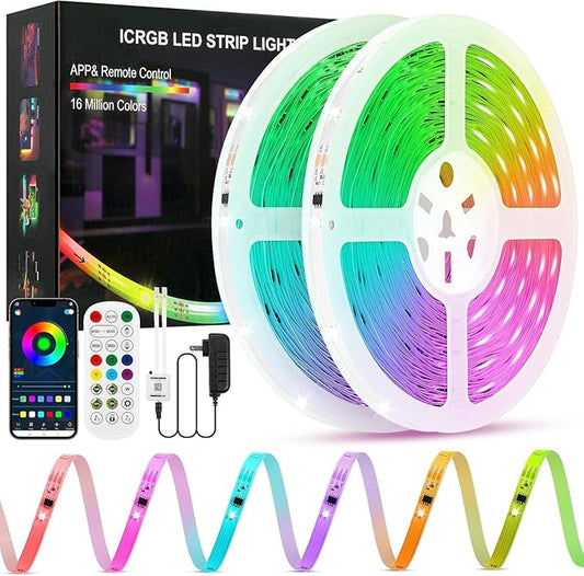 Led Lights for Bedroom, IC+RGB 32.8FT Strip Lights, 24Key Remote with App Control, Music Sync Color Changing Lights for Room Decor Party