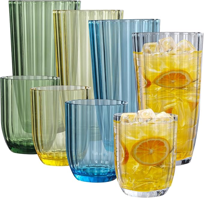 Acrylic Clear Highball Plastic Cups | Plastic Reusable Tumblers 15oz & 20oz (Set of 8) | Stackable | BPA-free Tumblers | Shatterproof | Top-rack Dishwasher Safe