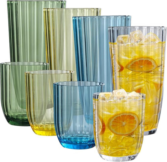 Acrylic Clear Highball Plastic Cups | Plastic Reusable Tumblers 15oz & 20oz (Set of 8) | Stackable | BPA-free Tumblers | Shatterproof | Top-rack Dishwasher Safe