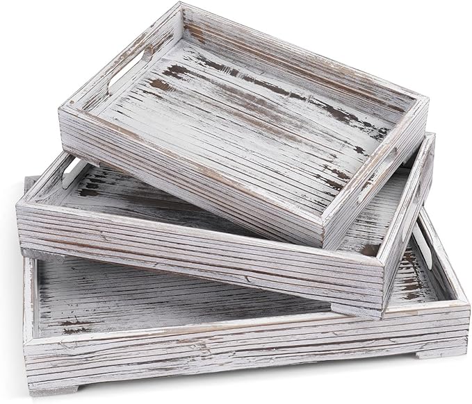 Flexzion Rustic Wooden Serving Tray with Handle - 3-Piece Set of Wooden Trays for Ottomans, Torched Whitewash Nesting Trays for Eating, Decoration, Coffee, Stackable Rectangular Breakfast Trays