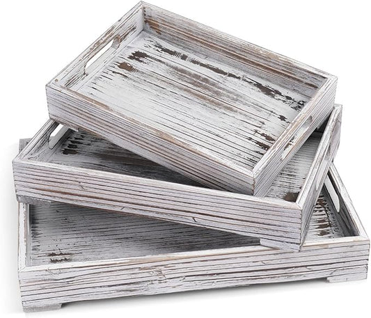 Flexzion Rustic Wooden Serving Tray with Handle - 3-Piece Set of Wooden Trays for Ottomans, Torched Whitewash Nesting Trays for Eating, Decoration, Coffee, Stackable Rectangular Breakfast Trays