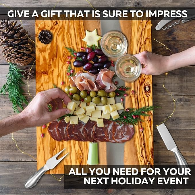 Handcrafted Italian Olive Wood Cheese & Charcuterie Board Set with Unique Gray Resin Artwork - Cutting Board Comes with 4 Cheese Knives, 2 Dipping Bowls & Corkscrew Wine Opener (Gray)
