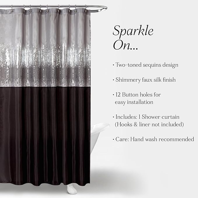 Lush Decor Night Sky Shower Curtain, Single, 72" W x 72" L, Black & Gray - Sequin Shower Curtain - Sparkly Color Block Bath Curtain - Modern Glam Bathroom Decor