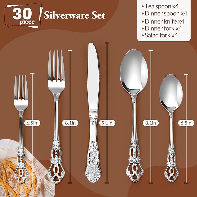Silverware Set, 30 Pieces Retro Royal Silverware Set for 6, Anti-rust Stainless Steel Flatware Set Including Fork Spoon and Knife, Dishwasher Safe, Silver