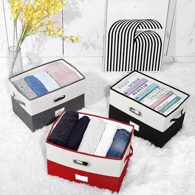 Large Linen Fabric Foldable Storage Bins with Removable Lid and Handles, Washable Storage Box Organizer Containers Baskets Cube with Cover for Bedroom,Closet,Office(Black&White, Large(2-Pack))