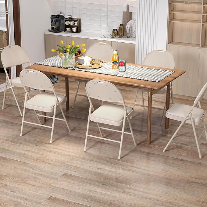 POWERSTONE Folding Chairs 6 Pack, Foldable Chair Set with Padded, Handle Hole and Metal Frame Dining Chair Set for Indoor and Outdoor, School, Office and Garden Party (Beige)