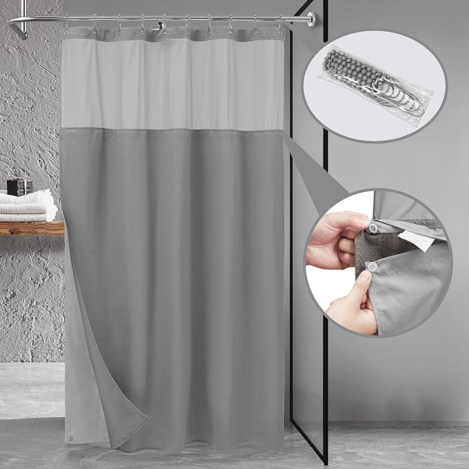 N&Y HOME Stall Waffle Shower Curtain with Snap-in Fabric Liner & Hooks Set - 54" x 78" Shower Stall Size, Hotel Style & Mesh Top Window, Machine Washable - 54x78, Gray