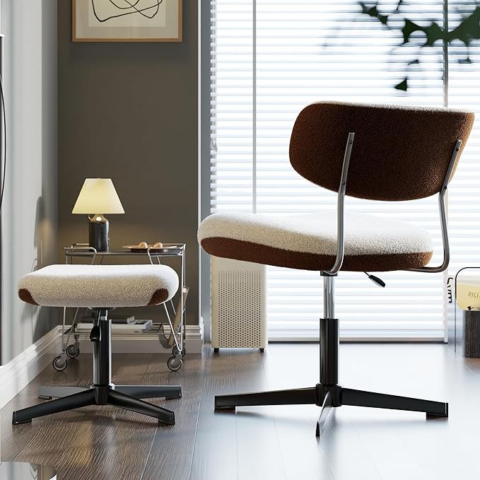 Swivel Criss Cross Chair, Accent Chair with Ottoman Set, Modern Armless Chair with Ergonomic Backrest, Comfy Chair with Boucle Upholstered Seat, No Wheels, White & Brown