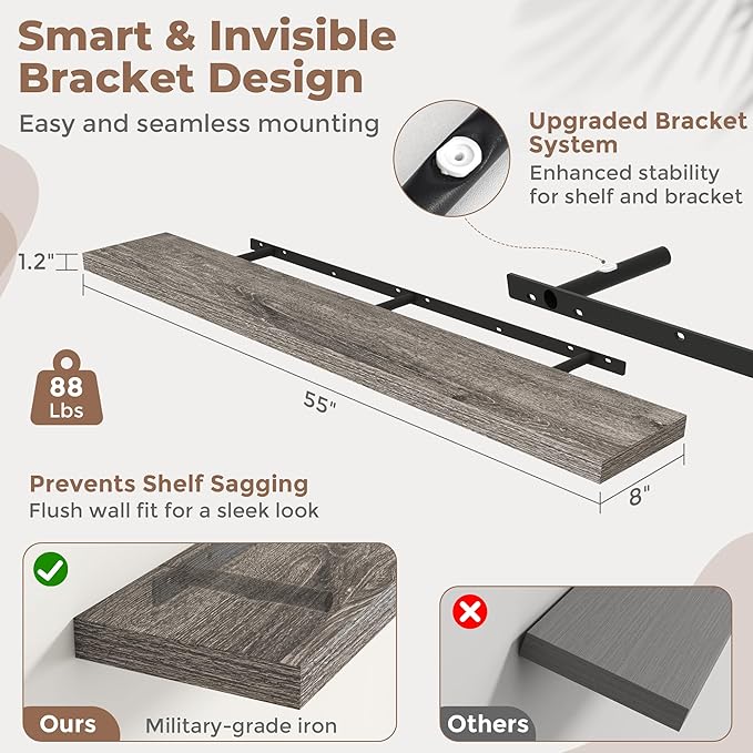 55 Inch Floating Shelves for Wall Set of 2, 8"D Wood Grain Bathroom Shelves with Invisible Brackets, Easy Install Engineered Wood Storage Shelves for Kitchen, Living Room, Bedroom, Grey Oak Finish
