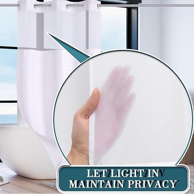 Conbo Mio Stall No Hook Shower Curtain with Snap in Liner Set, Hotel Luxury White Shower Curtains for Bathroom with See Through Top Window, Waterproof, Washable 36W x 74H