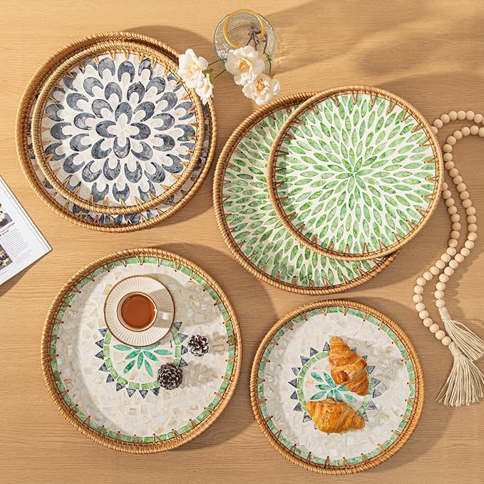 14 inch Round Rattan Tray Home Decor with Wood Bead Garland, Wicker Serving Tray with Mother of Pearl Inlay, Boho Decorative Tray for Coffee Table, Display, Ottoman, Kitchen Table, Bathroom (Bohemian)