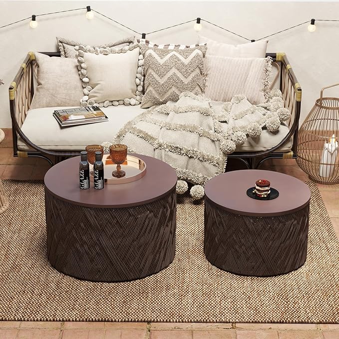 Kmax 30" Round Wood Nesting Coffee Table Set of 2 Handcraft Woven Rope Sofa Tables Both with Storage Drum End Table Side Table for Small Space Living Room No Assembly Needed, Dark Brown