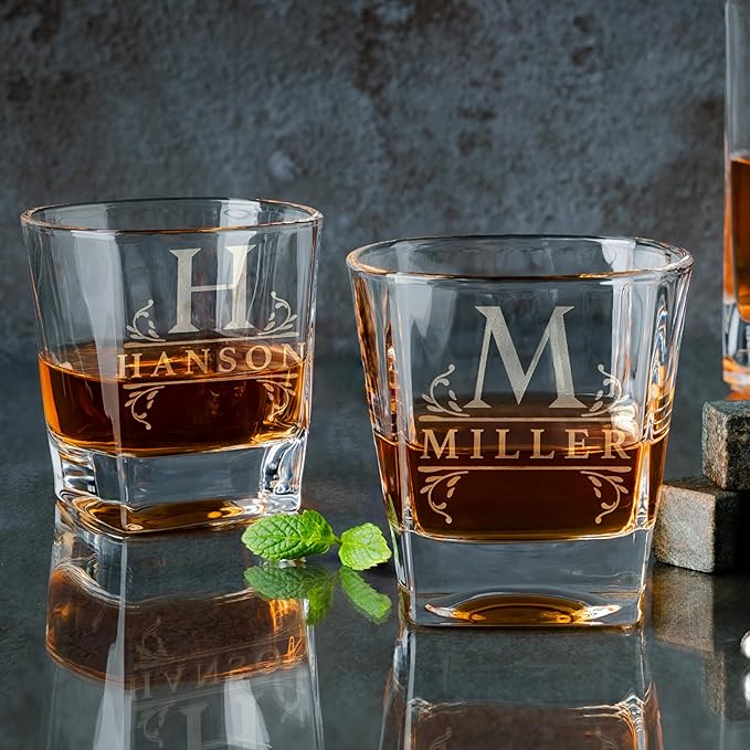 Amazing Items Set of 2 - Personalized Whiskey Glasses w/Name & Initial - 9 Designs - 9 oz, Limited Edition Monogrammed Rocks Glasses for Dad Gifts