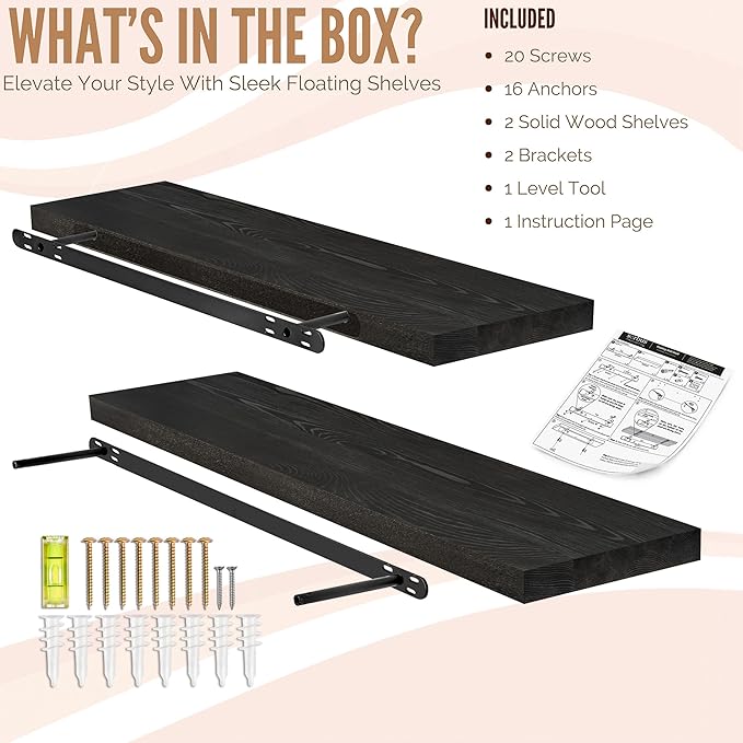 Sorbus Wood Floating Shelves for Wall - 35” Solid Wood Wall Shelves for Bathroom Decor, Books, Bedroom & Living Room - Set of 2 Black Wall Mounted Kitchen Shelves - Durable Solid Pine