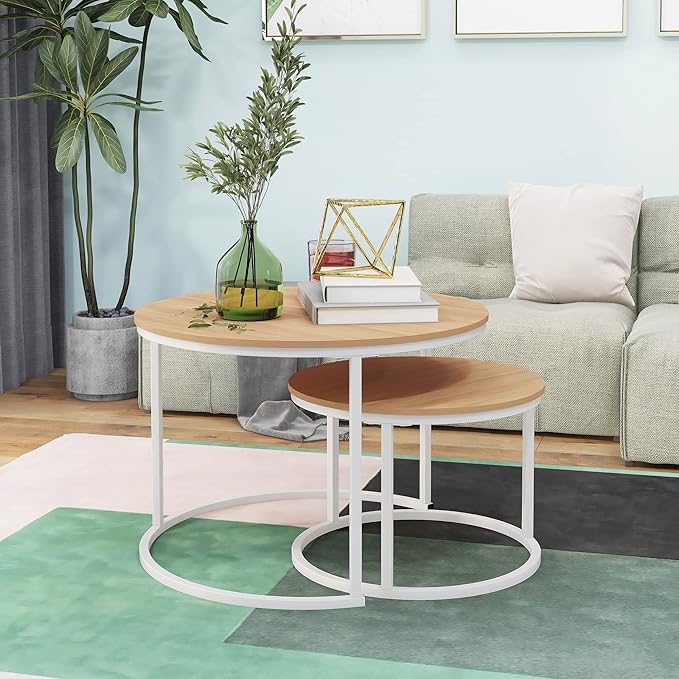 HOJINLINERO Round Coffee Table Set of 2 End Table for Living Room,Stacking Side Tables,Sturdy& Easy Assembly,Wood Look Accent Furniture with Metal Frame,Industrial/Modern Coffee Table White+Teak OAKDK