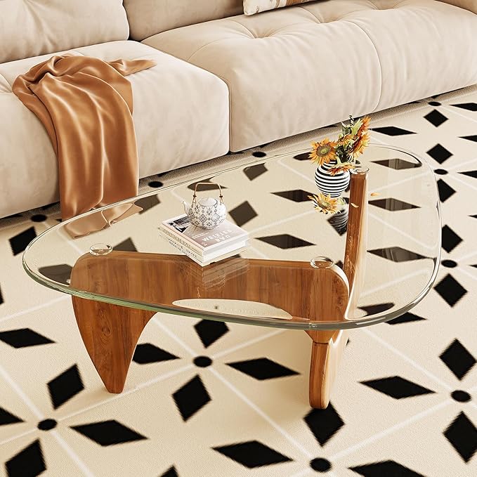 Coffee Table for Living Room Mid Century Modern Center Table with Glass Top and Oak Wood, Transparent/Walnut