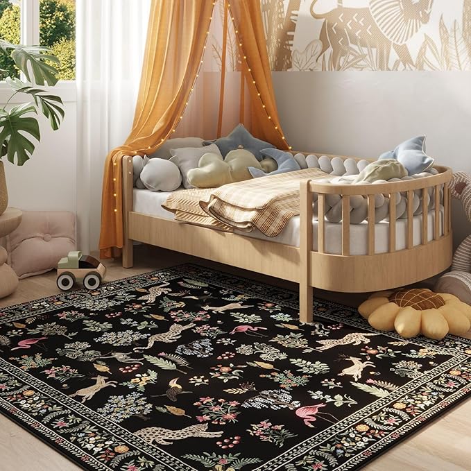 Rugcomf Living Room Rug 5x7 Rug Machine Washable Boho Area Rug Non Slip Floral Animal Vintage Low Pile Large Rugs for Living Room, Bedroom, Farmhouse, Dining Room, Kids Playroom (Black)