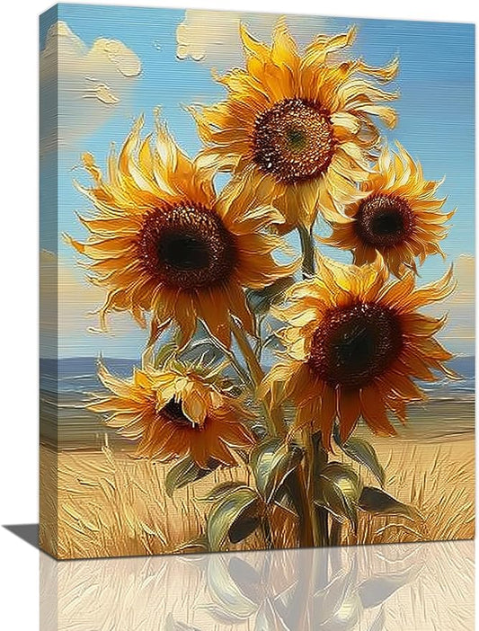 Farmhouse Sunflower Wall Art Sunflower Oil Painting Country Rustic Field Pictures Wall Decor Nature Landscape Canvas Prints Artwork Gifts for Living Room Bedroom Kitchen Office Home Decoration 12"x16"