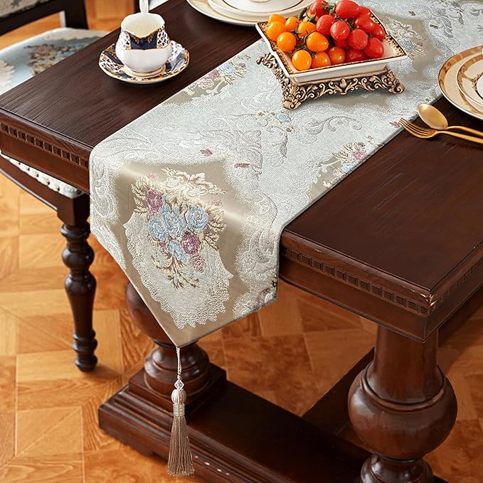 HeMiaor Table Runner with Retro Embroidery Jacquard and Beaded Tassels for Dining Table Christmas Decoration 98 inches Long Beige