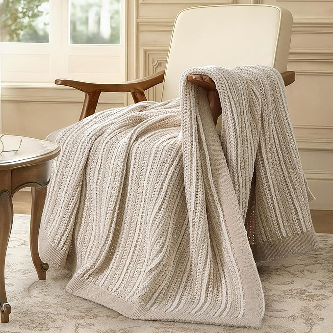 Amélie Home Striped Knit Throw Blanket for Couch, Dual-Sided Soft Chenille Decorative Blankets for Sofa & Chair, 50"x60", Khaki & White