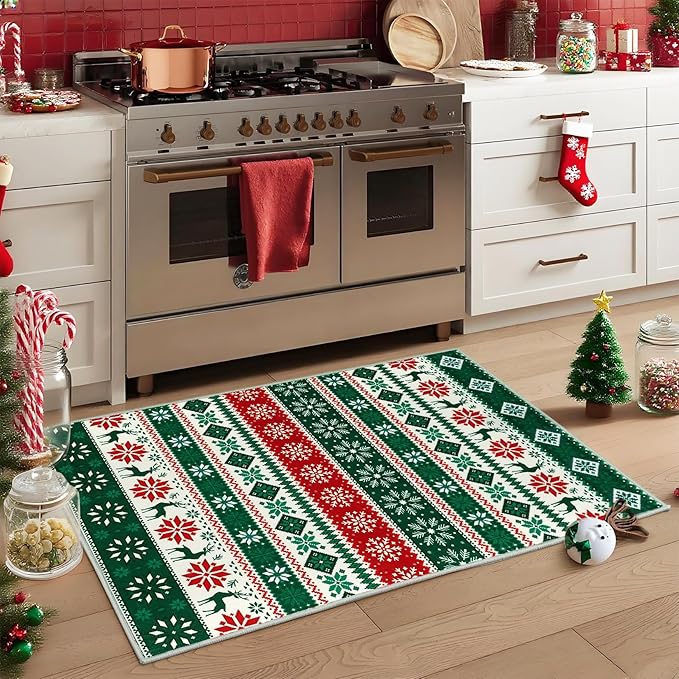 Small Entryway Area Rug 2x3 Christmas Rug Indoor Non-Slip Front Door Mat Washable Boho Rug Xmas Decorative Throw Floor Covers Farmhouse Geometric Festival Carpet for Living Room Bedroom, Green