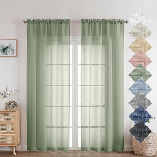 Aiyufeng Sage Green Sheer Curtains 72 inches Long 2 Panels, Fresh Textured Semi Sheer Green Curtains Linen Breathable Elegant Door Curtains & Drapes for Farmhouse/Living Room/Kitchen, 40Wx72L inch