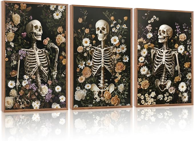LHIUEM 16”X24”X3-Large Halloween Skeleton Canvas Wall Art Vintage Botanical Art Prints Skull Flowers Pictures Halloween Moody Dark Skull Framed Wall Decor Romantic Rose Spooky Artworks for home office