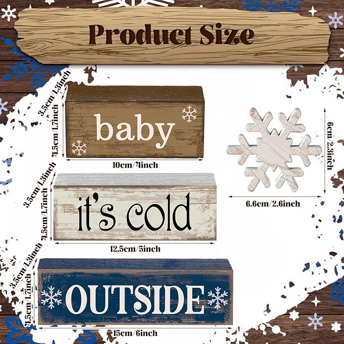 4 Pcs Winter Wooden Tabletop Decor Snowflake Tiered Tray Decor Winter Centerpiece Rustic Snow Block Signs Farmhouse Table Shelf Decoration for Home Office Party