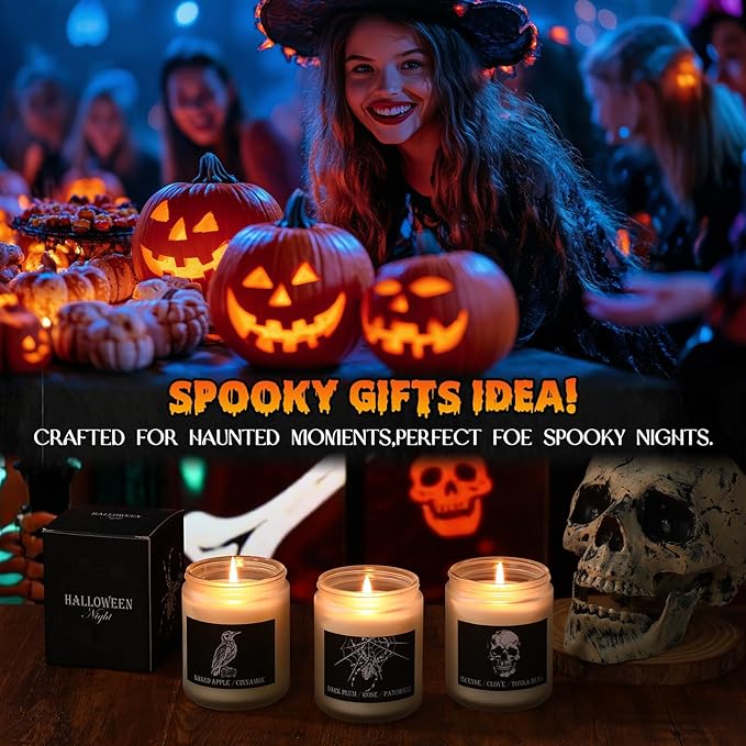 3 Pack Halloween Scented Candles Gifts Halloween Spooky Skull Crow Spider Candles Set with Presents Boxes for Home Decor Indoor