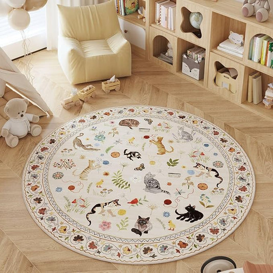 Rugcomf Round Rug 4ft Washable Circle Rug Non Slip Low Pile Boho Floral Animal Cat Small Circular Rug for Bedroom Bathroom Entryway Kids Room Office College Dorm, Beige