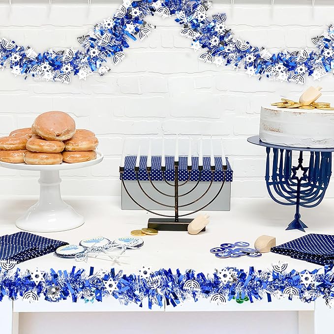 Hanukkah Decorations 2 Pack Total 36 FT Hanukkah Tinsel Garland with Menorah Star of David Silver Ornaments Blue Metallic Streamers Decor, Indoor Outdoor Chanukah Decorations for Home Party Supplies