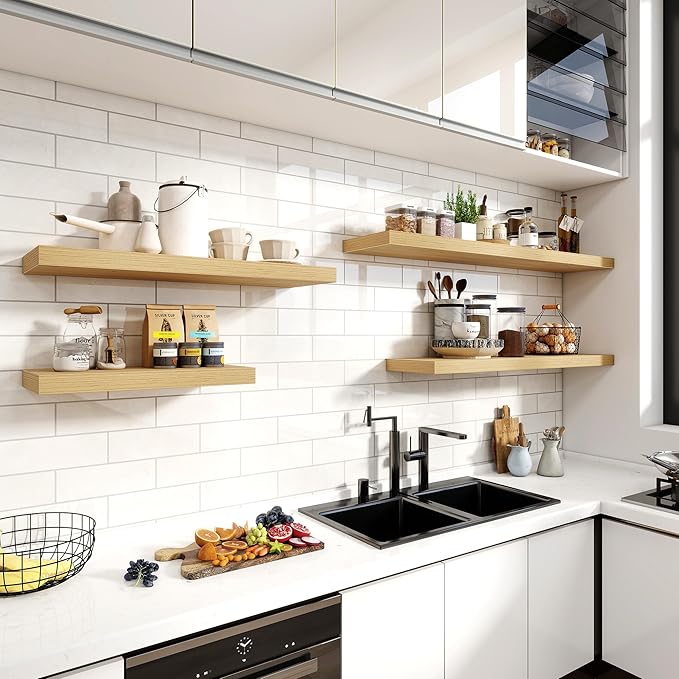 36 Inch Floating Shelves, 12 Inch Deep Floating Shelves for Wall, Floating Shelf with Invisible Brackets, Deep Shelves for Bathroom, Bedroom, Living Room, 2 Pack, Natural