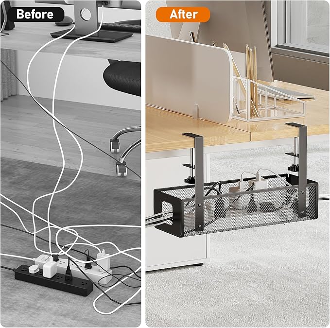 DELAMU Under Desk Cable Management Tray - Cable Management Tray No Drill with F-Clamp Design, Metal Mesh Cord Organizer, Sturdy Wire Organizers for Cords for Home Office Standing Desk, Black
