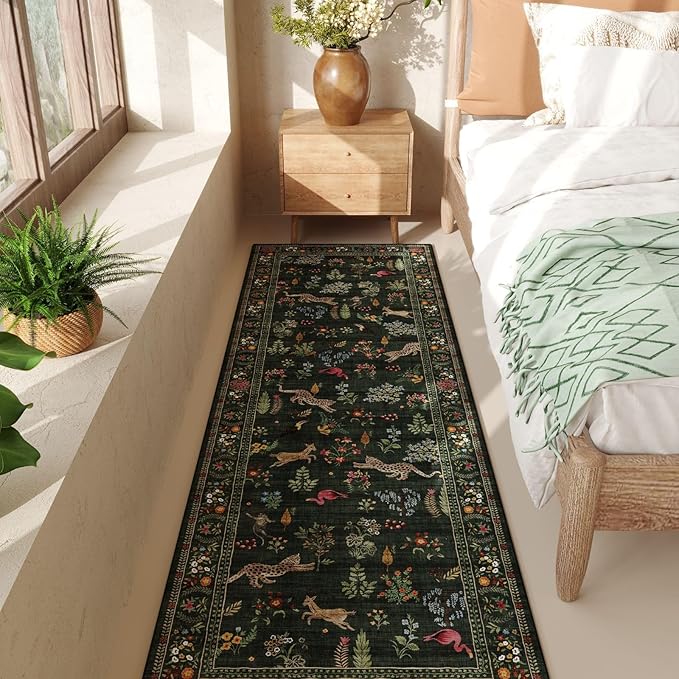 Rugcomf Runner Rug for Kitchen Rug Non Slip 2'x6' Washable Rugs with Rubber Backing Soft Floral Animal Carpet Runner for Kitchen, Laundry, Bedroom, Bathroom (Green)