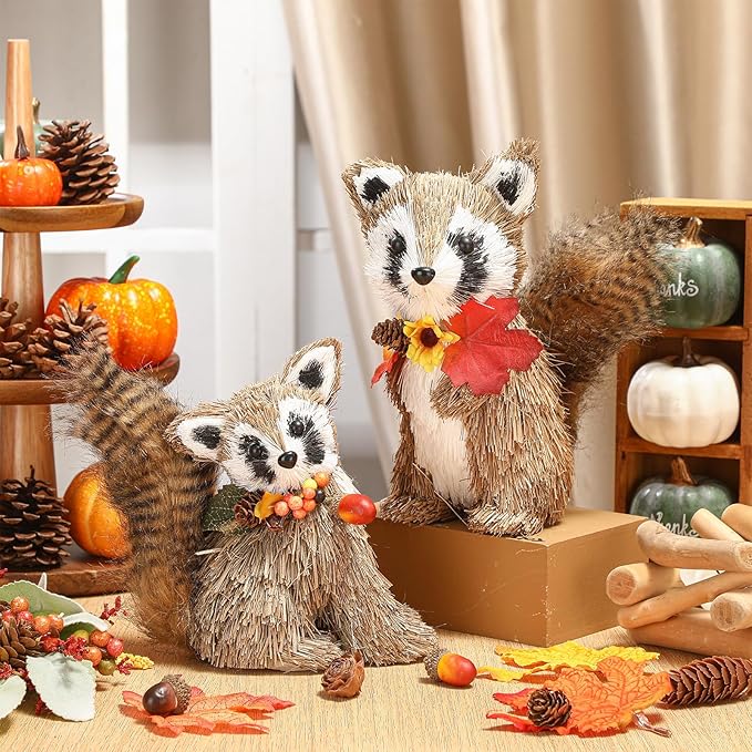 Namalu 2 Pack Raccoon Sisal Fall Decor Thanksgiving Decoration Indoor Sisal Figurine for Home Table Centerpieces Cute Handmade Fall Woodland Animal Statue for Autumn Harvest Office Cozy Shelf Decor