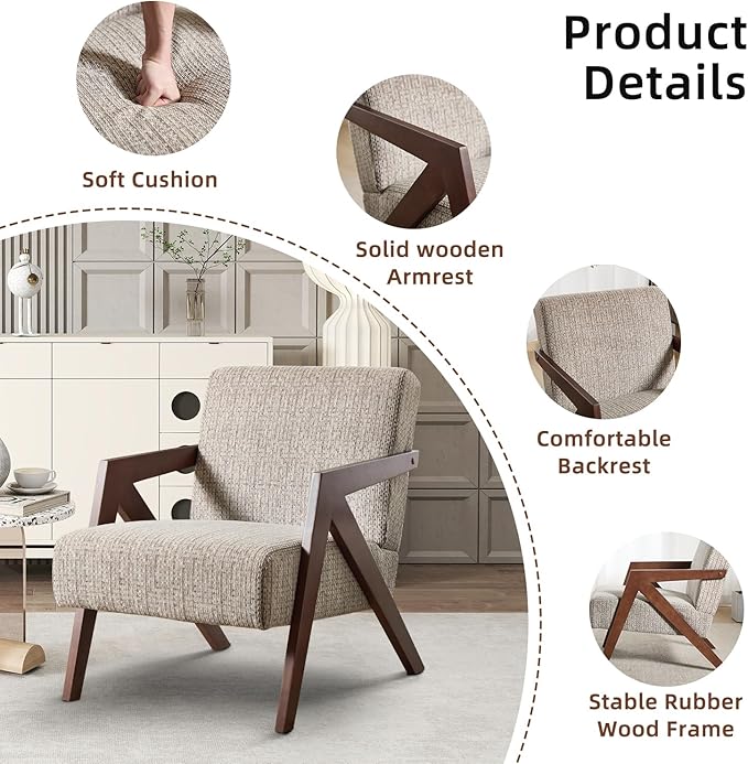 INZOY Mid Century Modern Accent Chair with Wood Frame, Upholstered Reading Armchair with Soft Linen Fabric, Accent Chair for Living Room Bedroom Apartment, Easy Assembly, Brown