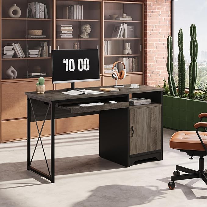 Bestier Office Desk with Keyboard Tray, Industrial Computer Desk with Storage, Reversible Executive Desk with File Cabinet for Home Office Bedroom, 47 inch Grey