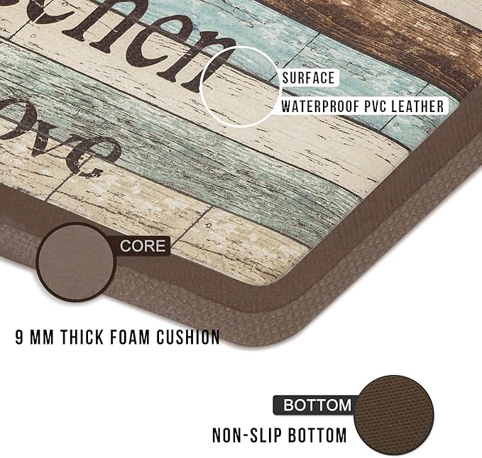 FRESHMINT Farmhouse Kitchen Mats Sets 2 Piece Cushioned Comfort Mat for Home & Office Ergonomically Engineered Memory Foam Kitchen Rug Waterproof Non-Skid, 30" by 17" + 47" by 17",Happiness