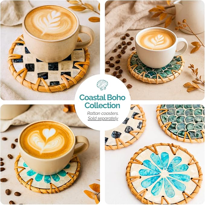 JUNGLE CULTURE Large Rattan Serving Tray 14" with Mother of Pearl Inlay • Coastal Boho Collection • Handcrafted Serving Tray with Handles • Round Woven Table Trays for Home • Wicker Basket – Drift