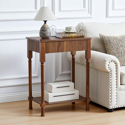 23.6” Large End Table with Charging Station, Modern Farmhouse Side Table Sofa Tables with Fluted Drawer, Wooden Bedside Table Night Stand for Bedroom Living Room Home Office, Walnut