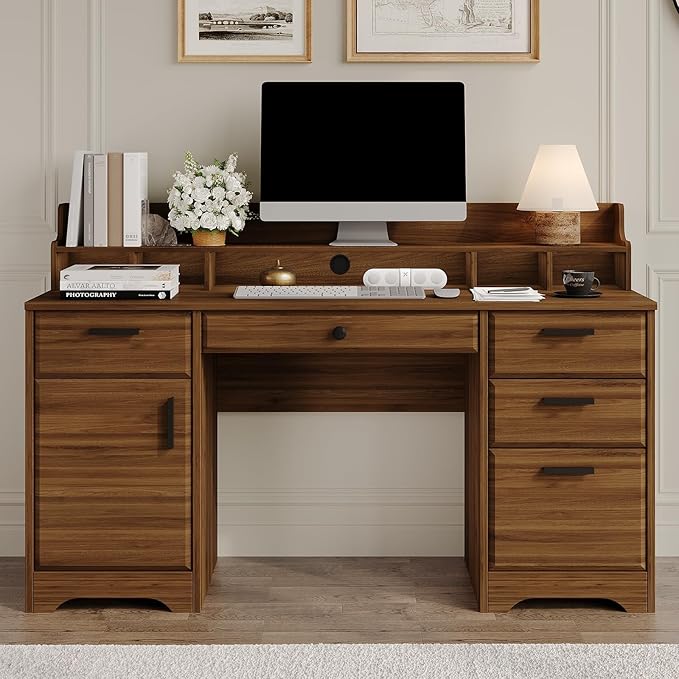 Executive Desk with File Drawers,Computer Desk with Storage,58 Inch Home Office Desk with Storage Cabinet for Bedroom, Rustic Brown
