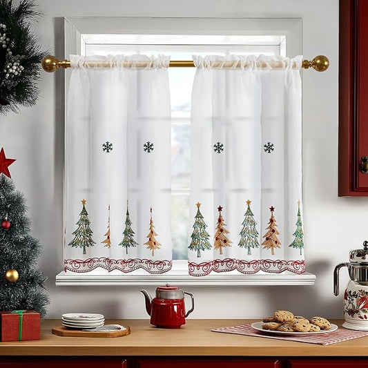 Deconovo Christmas Kitchen Tier Curtains, Embroidered Cafe Tiers, Semi Sheer Window Treatment with Rod Pocket, Light Filtering for Small Windows, Door & Sink Areas, 28W x 30L, Tree, 2 Panels
